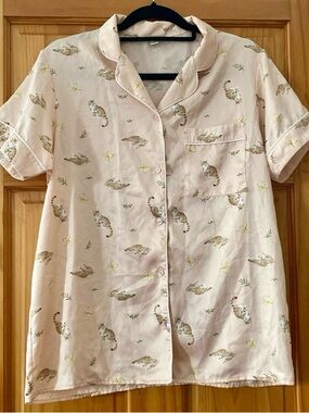 GU Pink Cat Print Pajama Shirt Button Front Lounge Sleep Top Size L